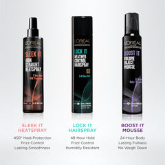 L’Oréal Paris Sleek It spray used during styling with an iron for 450°F protection