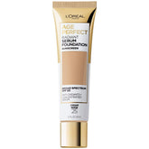 L'Oreal Paris Age Perfect base con suero radiante SPF50 en botella para piel madura.