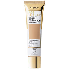 L'Oreal Paris Age Perfect base con suero radiante SPF50 en botella para piel madura.