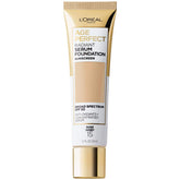 L'Oréal Paris Age Perfect Radiant Serum Foundation, botella, base suave para piel madura y sensible.