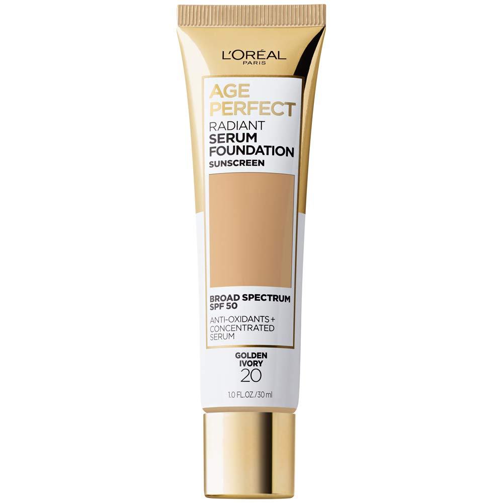 L'Oreal Paris Age Perfect Radiant Serum Foundation bottle closeup for natural, even coverage