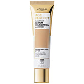 Base Age Perfect Radiant Serum Foundation botella, hidratación duradera para piel madura.
