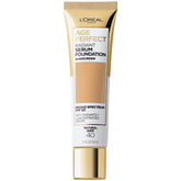 L'Oreal Paris Age Perfect Radiant Serum Foundation SPF50, botella en primer plano, hidratación de larga duración.