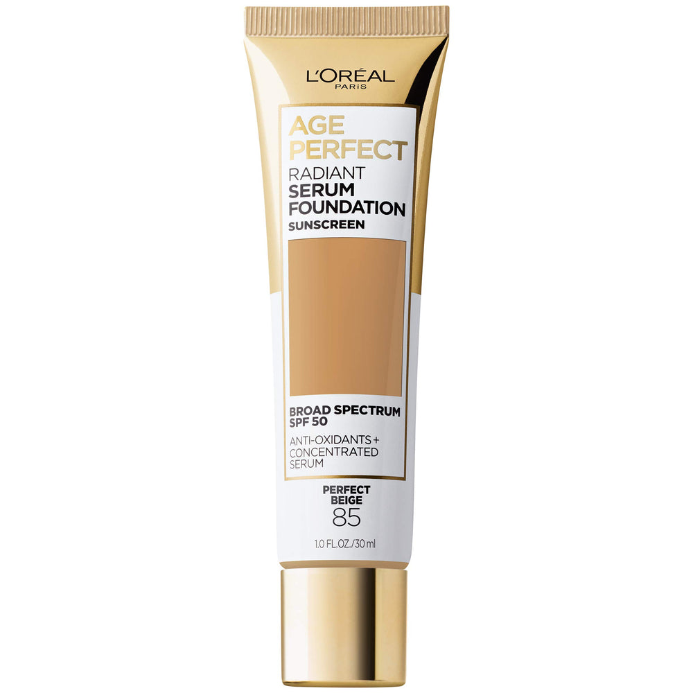 L'Oreal Paris Age Perfect Radiant Serum Foundation SPF 50, empaque elegante para tono Beige Perfecto, piel radiante.