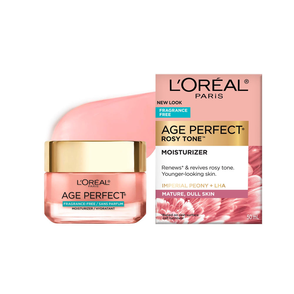 L'Oreal Paris Age Perfect Rosy Tone moisturizer bottle provides daily hydration for mature skin.