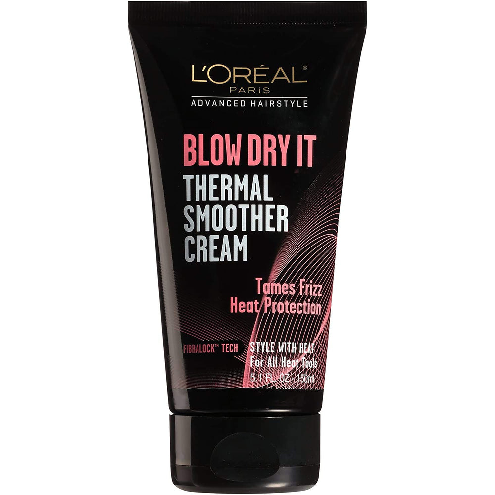 L'Oreal Paris Blow Dry It bottle showing heat protection for smooth frizz-free styling.