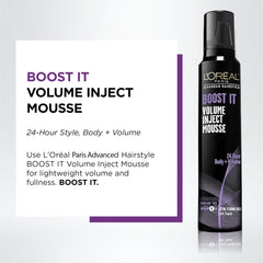L'Oreal Paris Boost It Volume Inject Mousse nozzle dispensing for easy application on damp hair