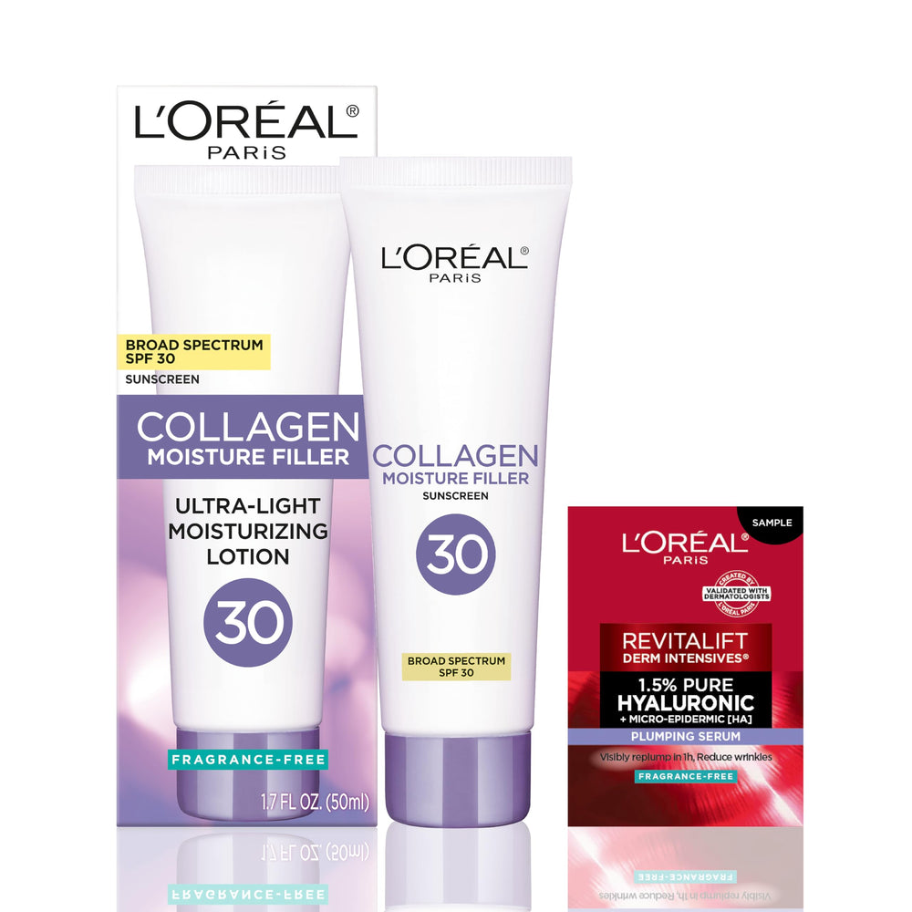 L'Oréal Paris Collagen Moisture Filler envase del producto y hidratación diaria.