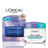 L'Oreal Paris Collagen Moisture Filler face cream in a pump bottle for instant hydration.