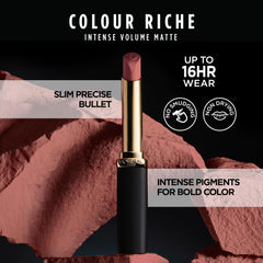 L'Oréal Paris Colour Riche Intense Volume Matte Lipstick, aplicador delgado para trazos precisos.
