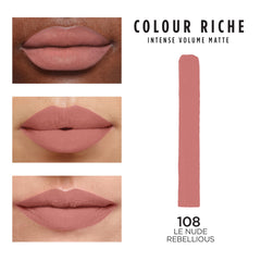 L'Oréal Paris Colour Riche Intense Volume Matte Lipstick, muestra de color en labios mate.