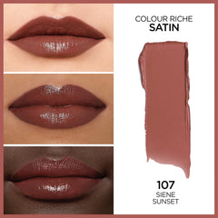 L'Oreal Paris Colour Riche Original Satin Lipstick 107 Seine Sunset tube and cap on display.