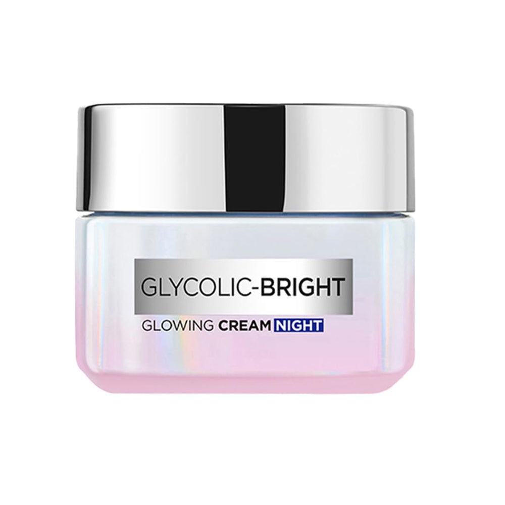 L’Oréal Paris crema de noche glicólico en envase elegante para brillo suave en la piel.
