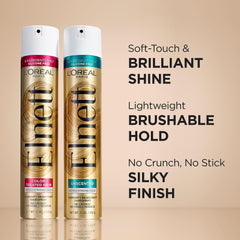 L'Oreal Paris Elnett Satin micro-diffusion quick-drying mist delivers strand-by-strand hold.