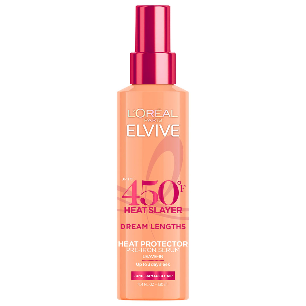 Elvive Dream Lengths Heat Slayer spray bottle highlights heat protection for long hair