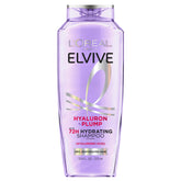 L'Oreal Paris Elvive Hyaluron Plump shampoo bottle front shows hydrating formula for dry hair.