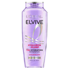 L'Oreal Paris Elvive Hyaluron Plump shampoo bottle front shows hydrating formula for dry hair.