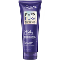 L'Oreal Paris EverPure Brass Toning Purple Shampoo bottle neutralizes brass for cooler blonde tones.