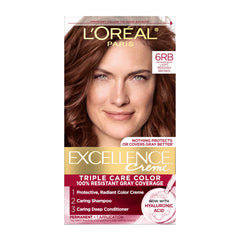 L'Oréal Paris Excellence Creme 6RB dye swatch for light reddish-brown shade and gray coverage.