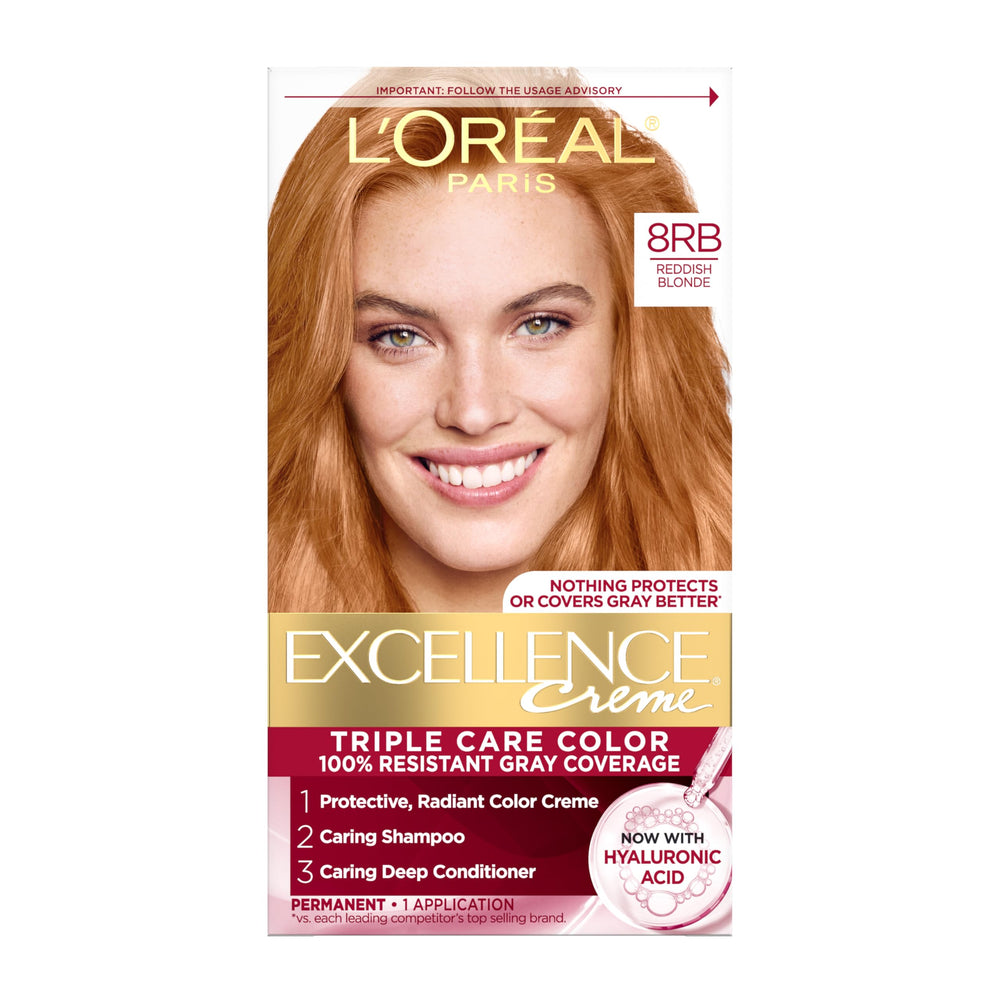 L'Oreal Paris Excellence Crème 8RB bottle featuring reddish blonde shade for vibrant color.