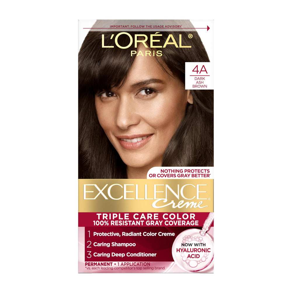 L'Oreal Paris Excellence Creme dye bottle showing rich color cream for gray coverage