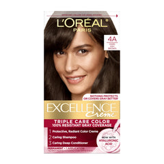 L'Oreal Paris Excellence Creme dye bottle showing rich color cream for gray coverage