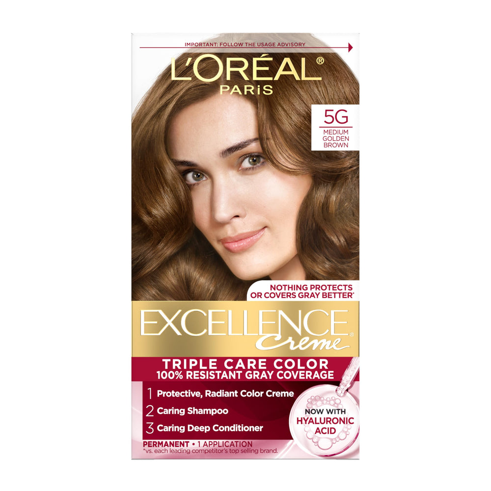 L'Oreal Paris Excellence Crème packaging shows the triple care system for gray coverage