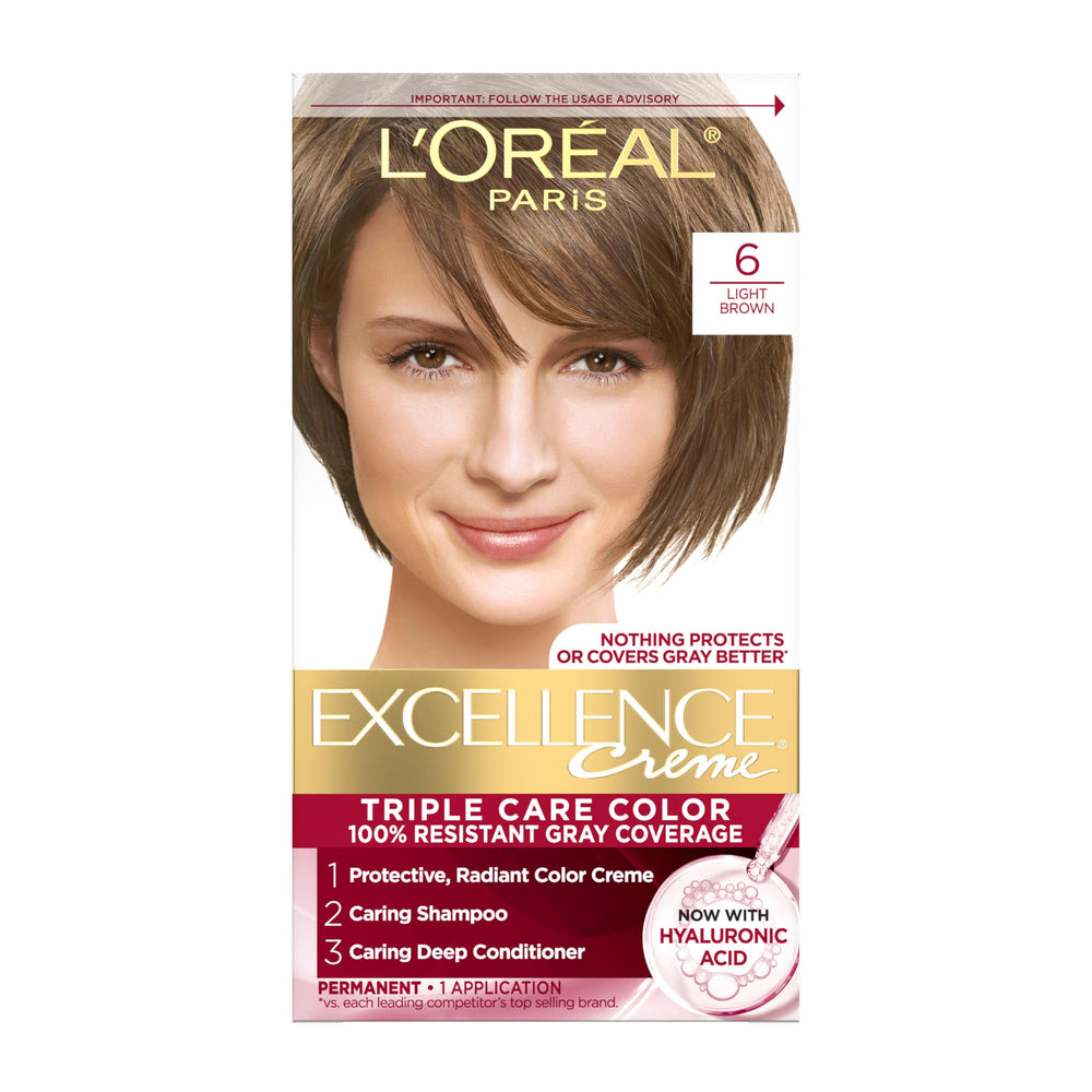 L'Oreal Paris Excellence Crème packaging shows a complete dye kit for at-home color.