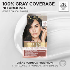 L’Oréal Paris Excellence Universal Nudes 2N Natural Soft Black shade tube for even coverage.