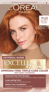 L’Oréal Paris Excellence Universal Nudes 7NR natural copper bottle showing ammonia-free gray coverage potential