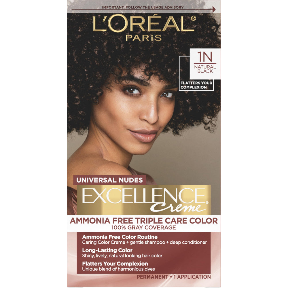 L’Oréal Paris Excellence Universal Nudes natural black 1N bottle shows ammonia-free gray coverage