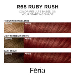 L'Oreal Paris Feria R68 Ruby Rush color swatches displaying prismatic shimmer
