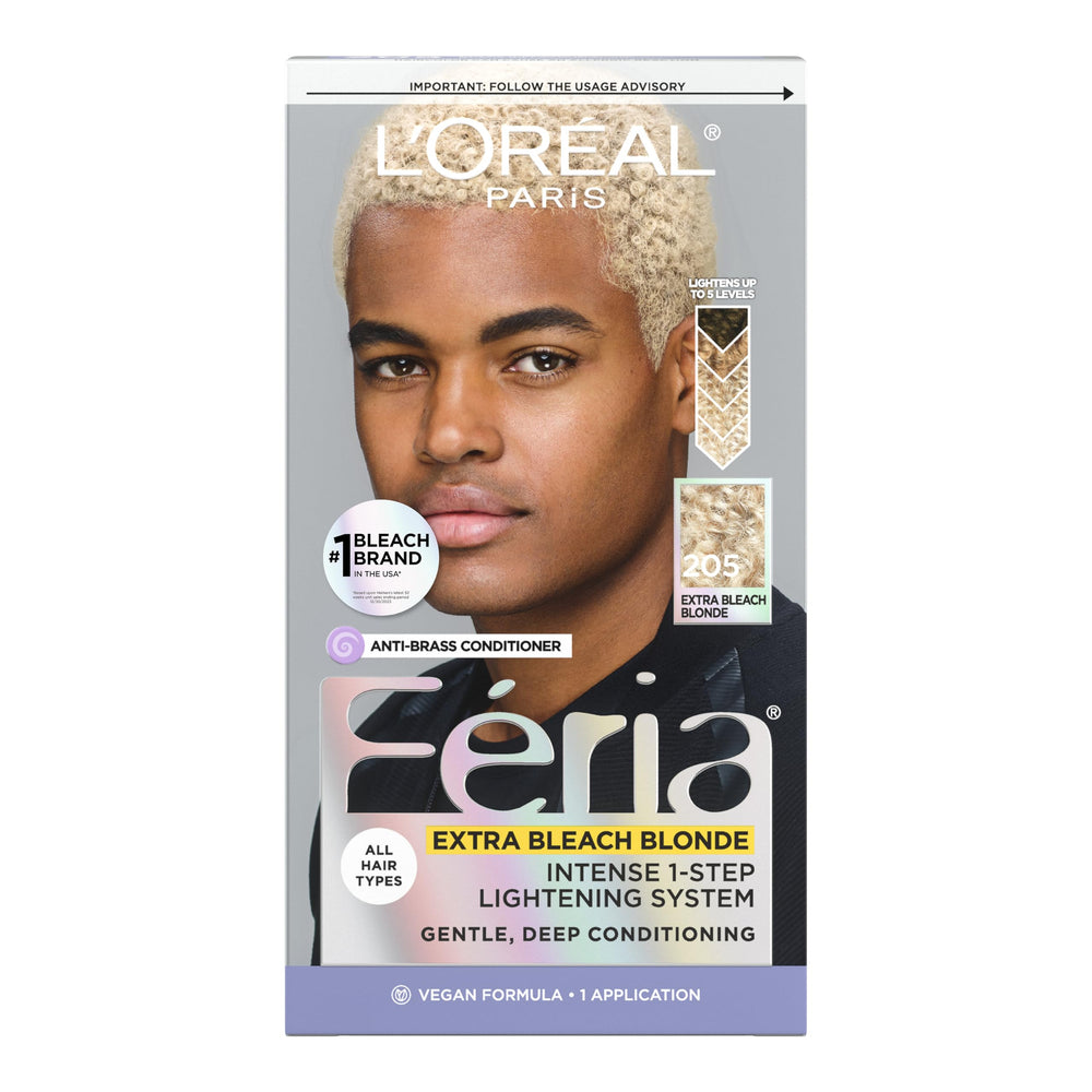 L'Oreal Paris Feria shimmering color bottle shows bold 205 Bleach Blonding shade