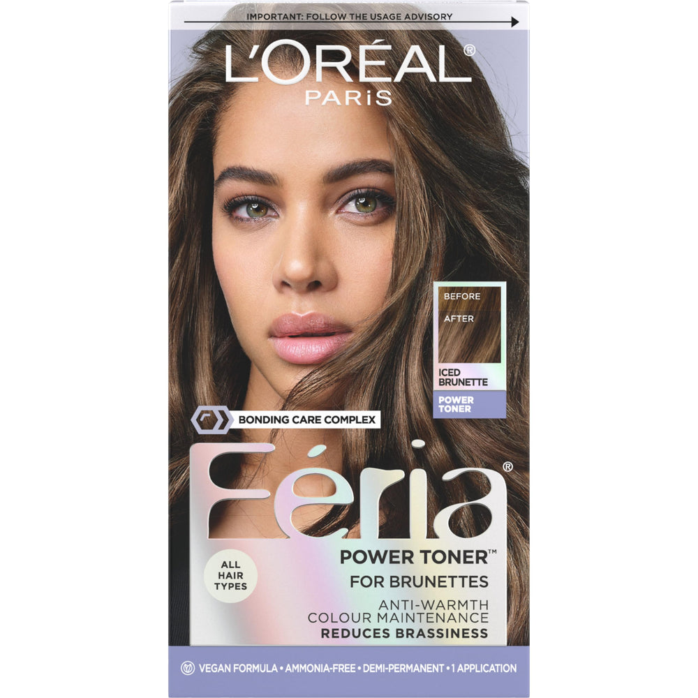 L'Oreal Paris Feria Toner Iced Brunette bottle with vegan formula shapes brass-free brunette tones