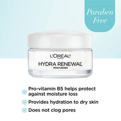 L'Oreal Paris Hydra-Renewal jar open reveals nourishing cream texture for dry skin.