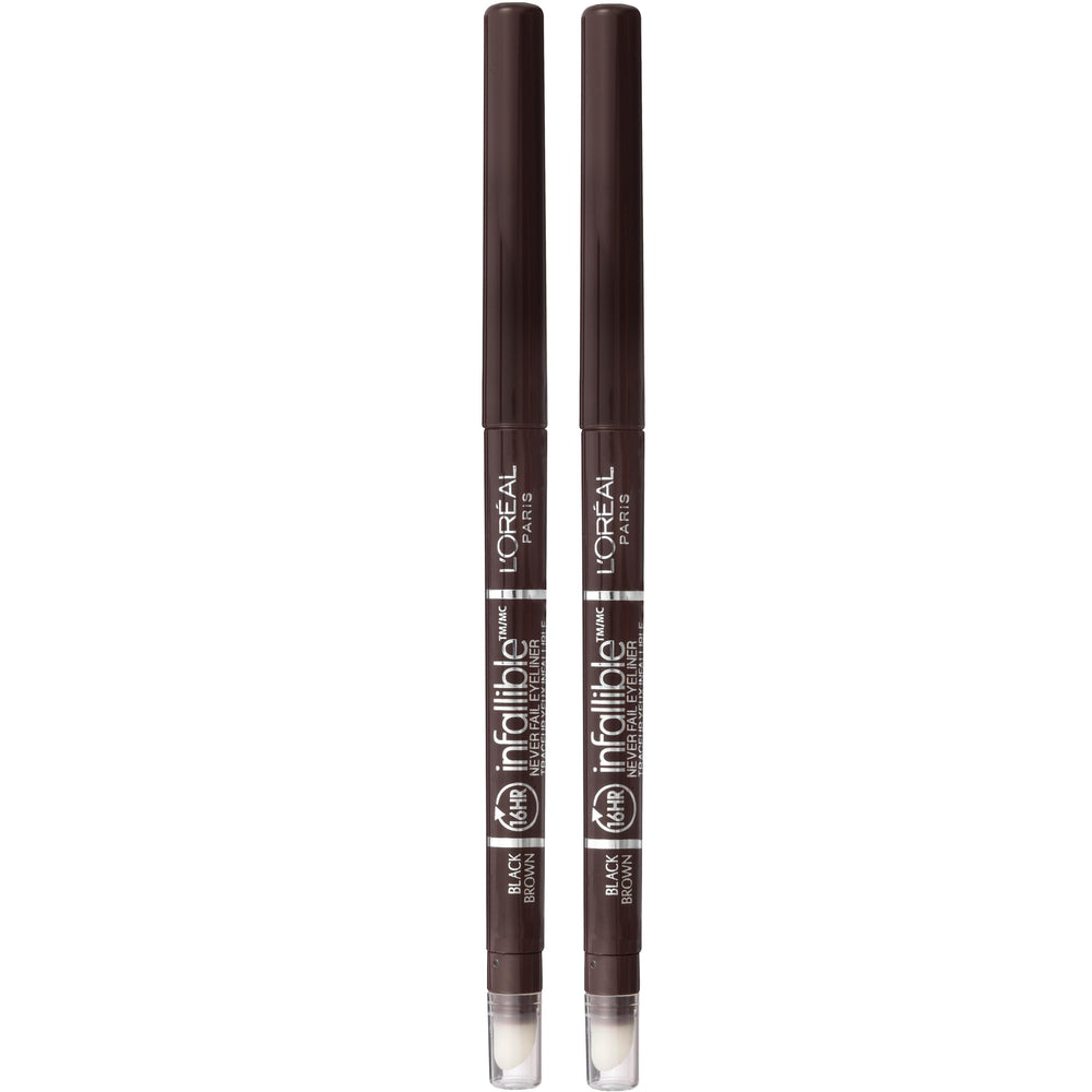 Delineador mecánico Infallible de L’Oréal Paris con sacapuntas integrado para retoques precisos.