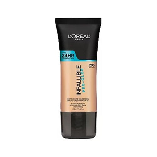 L’Oréal Paris Infallible Pro Glow Base Nude Beige en bote, acabado luminoso y de larga duración.