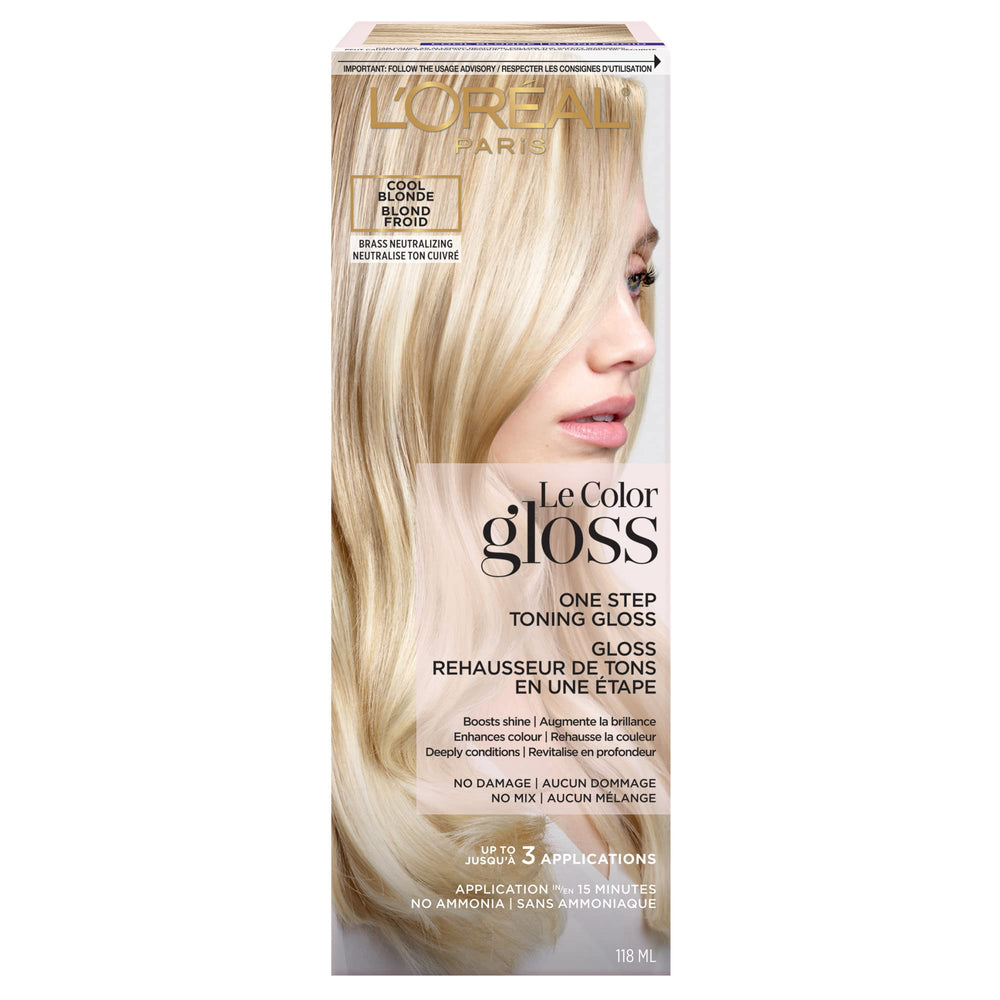 L'Oreal Paris Le Color One Step Hair Toning Gloss bottle with cool blonde toning and shine.