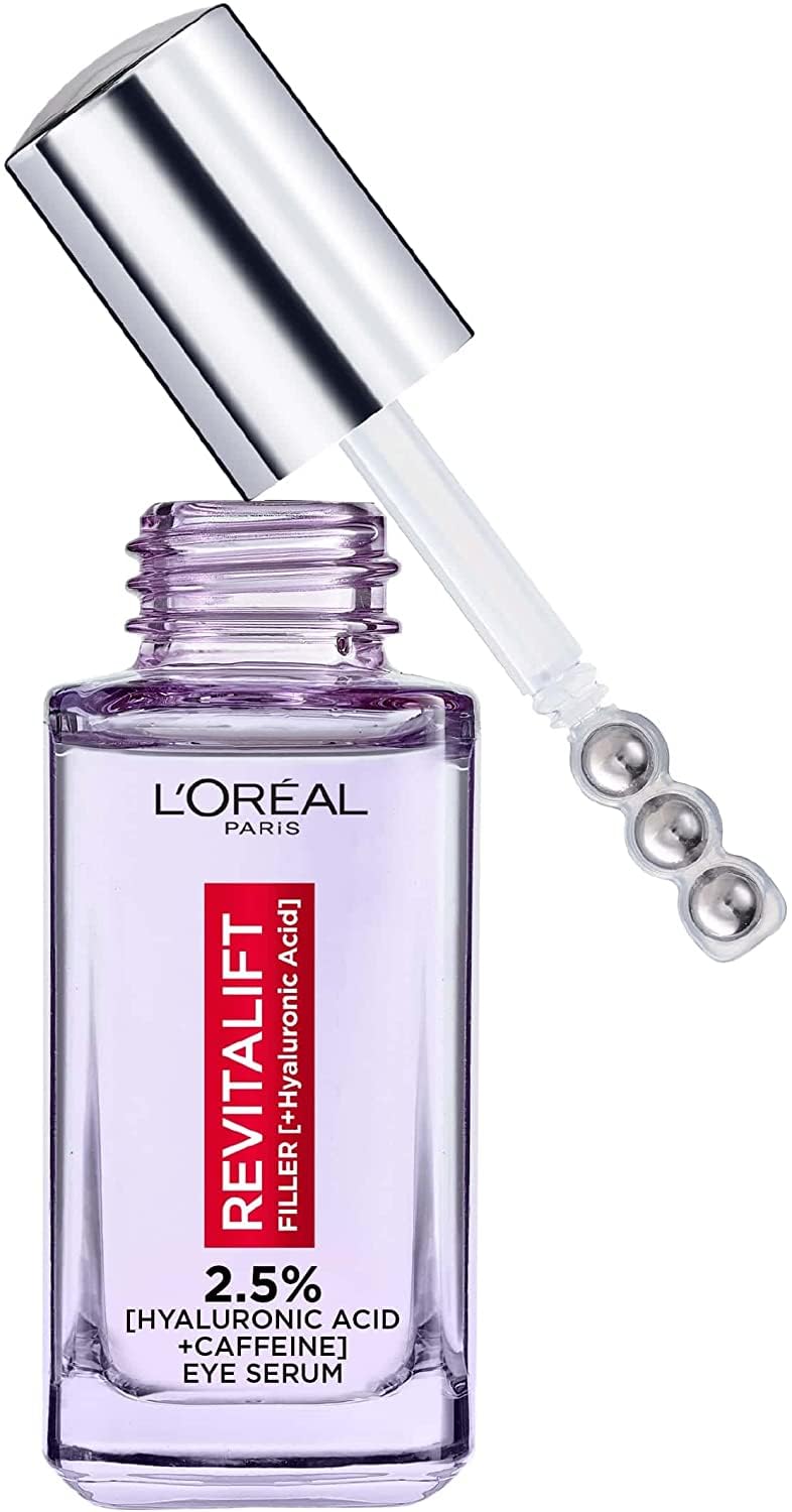L'Oréal Paris Revitalift Filler Sérum para ojos con aplicador de perlas triples, ayuda a deshinchar bolsas.