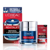 L'Oreal Paris Revitalift pressed night cream jar with retinol smooths skin texture overnight