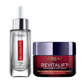 L'Oreal Paris Revitalift serum bottle close-up shows hydrating formula for dewy skin.