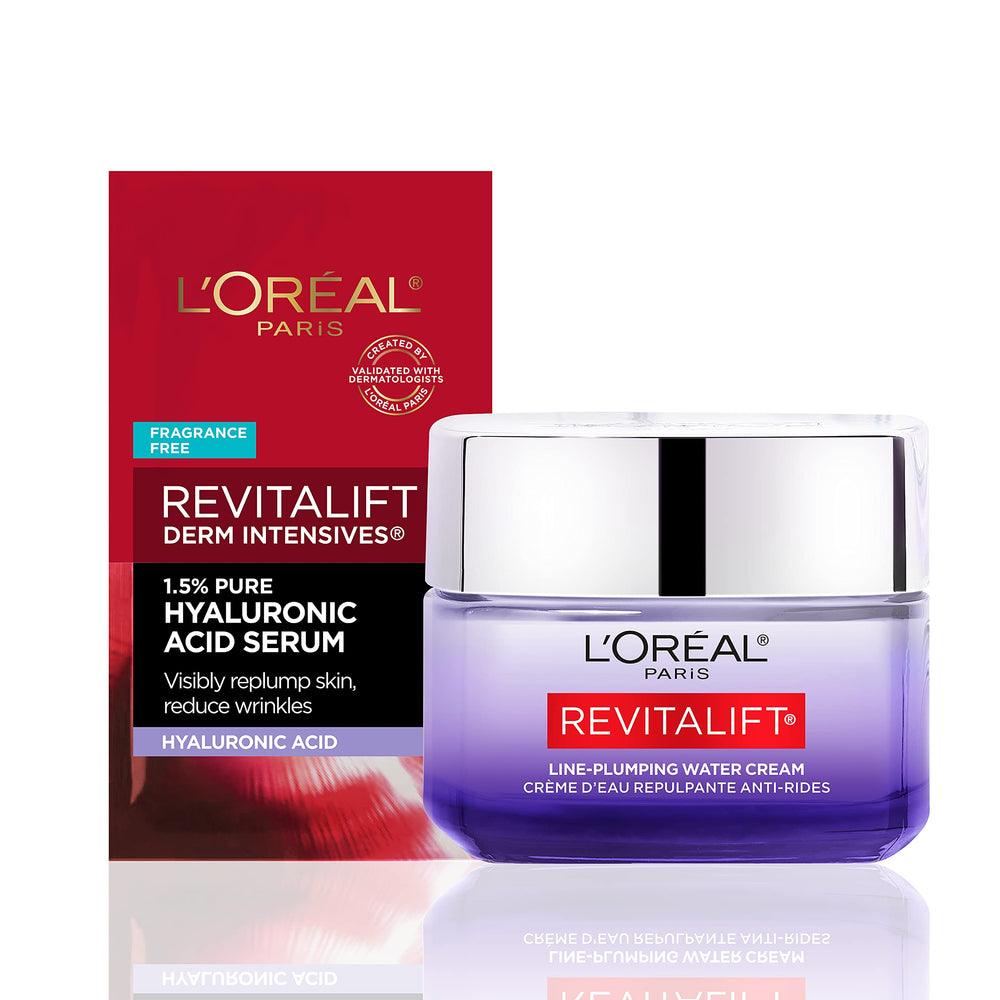 L'Oreal Paris Revitalift Water Cream close-up with micro hyaluronic acid for deep hydration.
