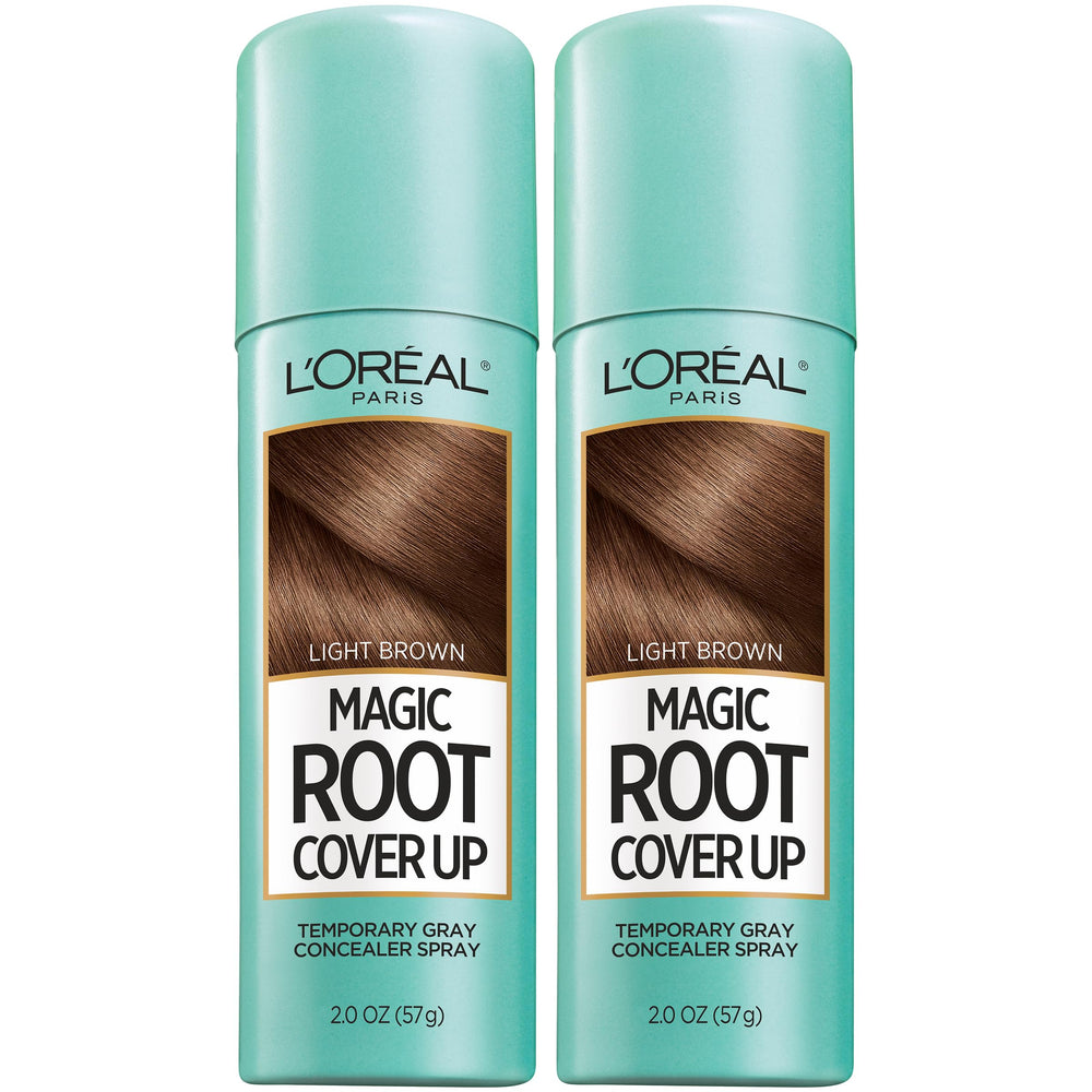 L'Oreal Paris Root Cover Up light brown spray conceals gray roots quickly for seamless touch-ups.