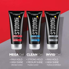 L'Oreal Paris Studio Line Mega Hair Gel bottle close-up highlights non-sticky formula.
