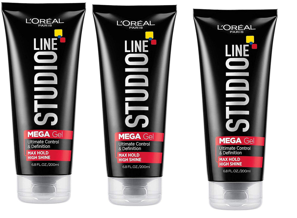 L'Oreal Paris Studio Line Mega Hair Gel packaging shows strong hold for daily styling.