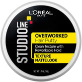 L'Oreal Paris Studio Overworked Hair Putty packaging showcases versatile styling options.