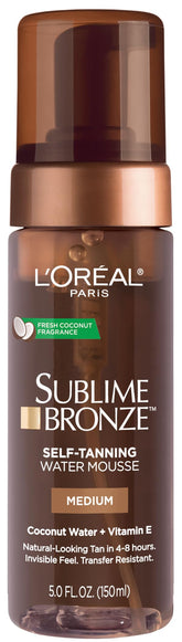 L'Oreal Paris Sublime Bronze Mousse autobronceadora, botella visible, tono natural sin manchas.