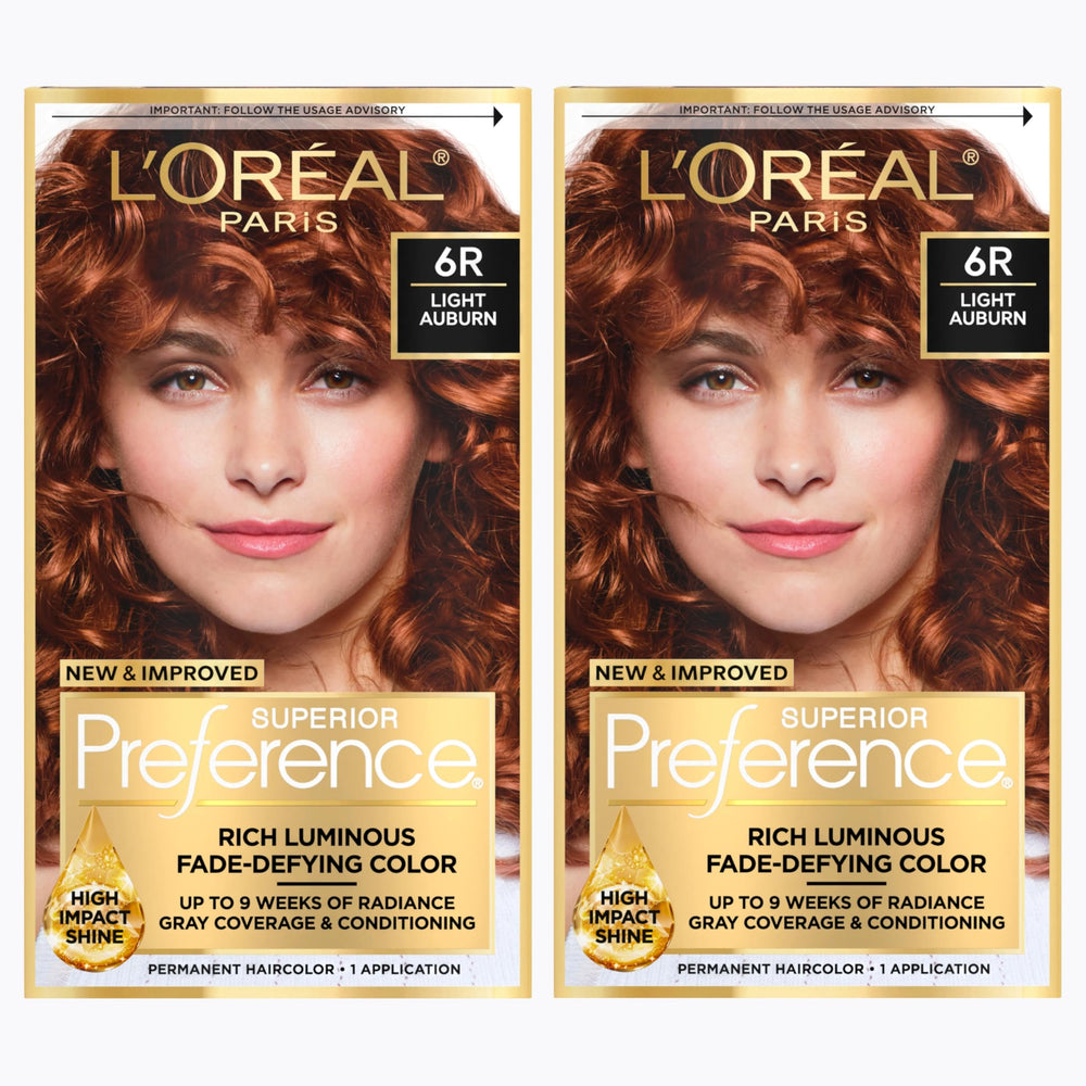 L'Oreal Paris Superior Preference 6R light auburn bottle, fade-defying color for vibrant roots.