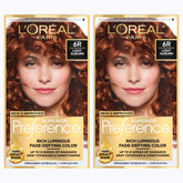 L'Oreal Paris Superior Preference 6R light auburn bottle, fade-defying color for vibrant roots.