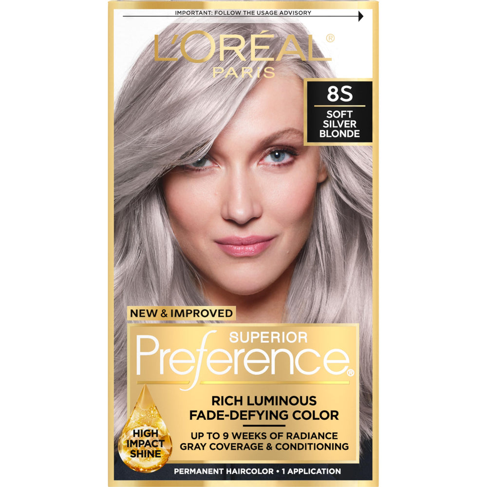 L'Oreal Paris Superior Preference 8S bottle with luminous light silver blonde shade.